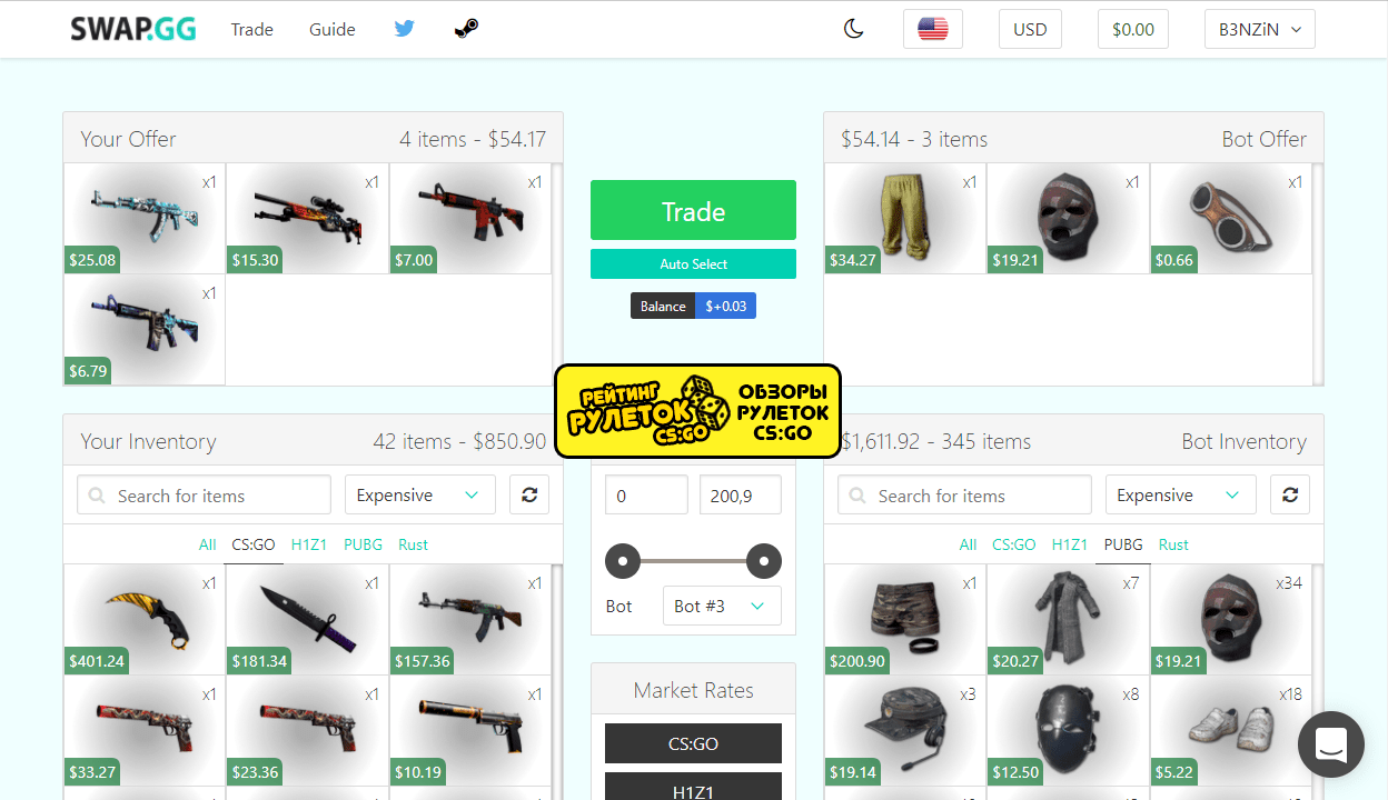 Swap.gg так же достаточно крупный сайт для мультитрейда скинов из ксго, пубг, хизи, и раст swap.gg